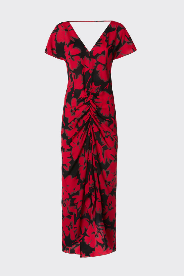 LONG FLORAL VISCOSE DRESS WITH DRAPED SKIRT