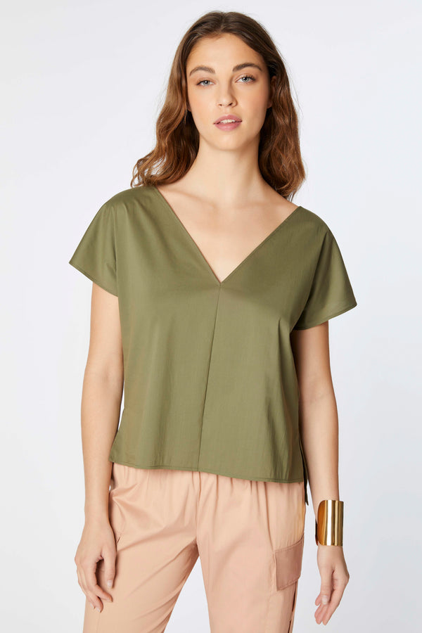BOXY TOP IN STRETCHY COTTON POPLIN WITH DOUBLE V NECK