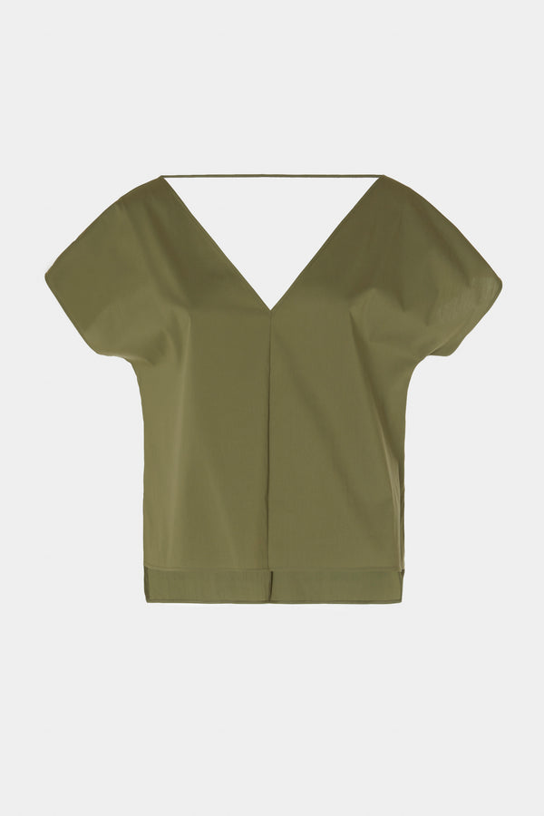 BOXY TOP IN STRETCHY COTTON POPLIN WITH DOUBLE V NECK
