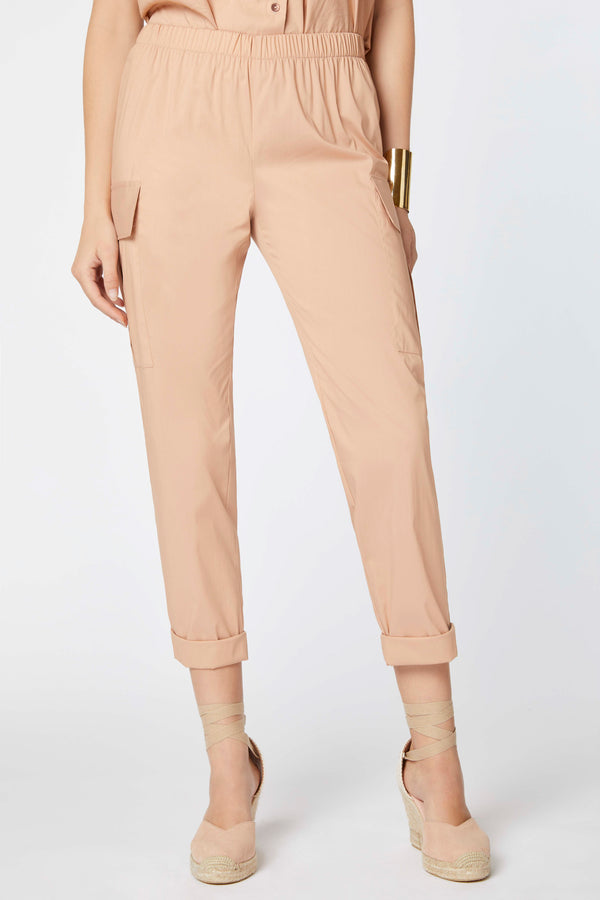PANTS IN STRETCHY COTTON POPLIN WITH SIDE POCKETS AND TURNED-UP HEMS