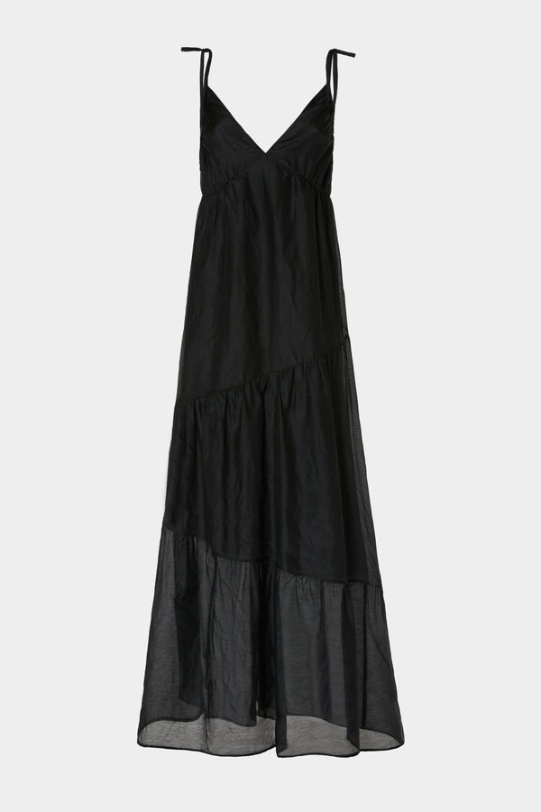 LONG FLARED DRESS IN COTTON/SILK MUSLIN WITH TIE-UP SHOULDER STRAPS 