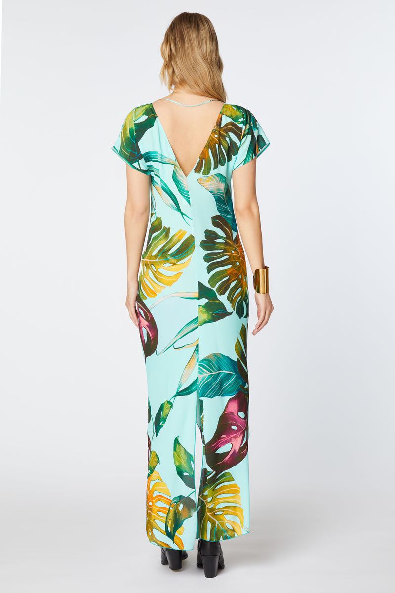LONG DRESS IN TROPICAL-PRINT VISCOSE WITH DRAPED SKIRT