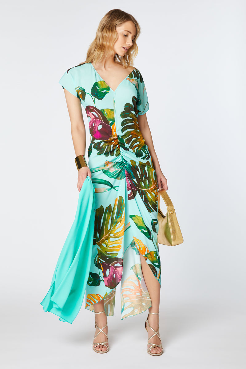 LONG DRESS IN TROPICAL-PRINT VISCOSE WITH DRAPED SKIRT