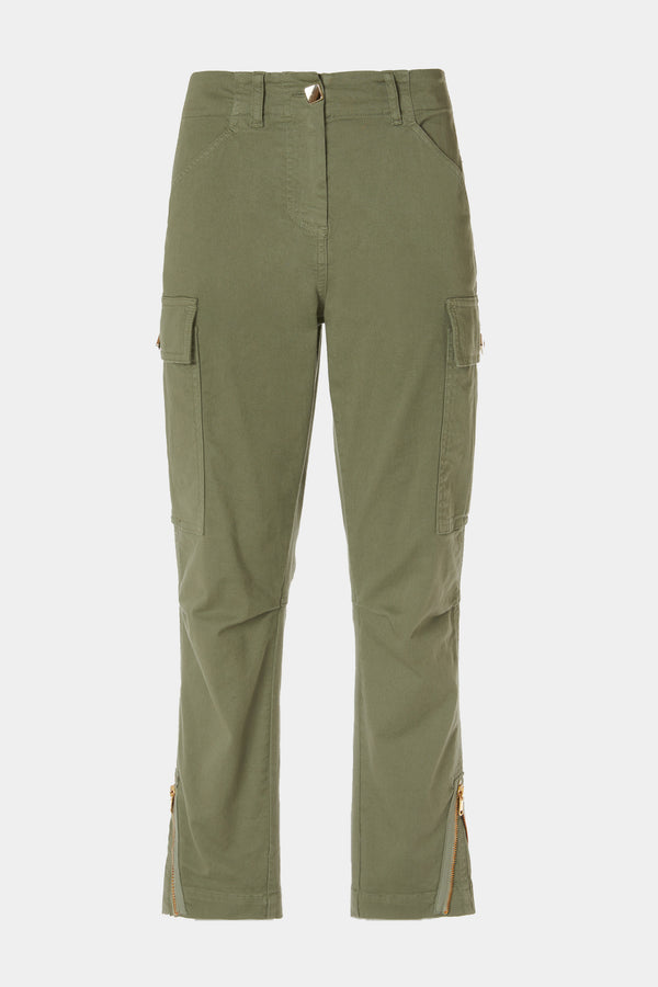 CARGO PANTS WITH ZIPPERS, IN DENIM-LOOK STRETCHY COTTON GABERDINE
