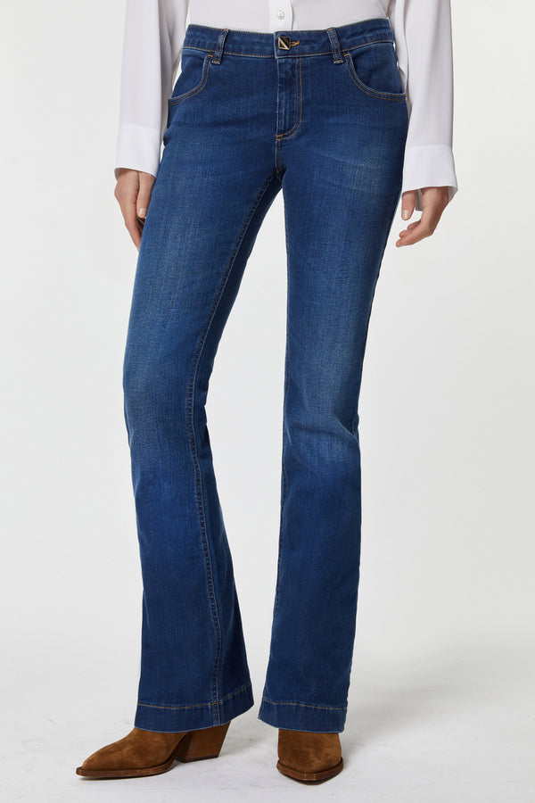 FLARED JEANS IN STRETCH FABRIC WITH GOLDEN METAL BUTTONS