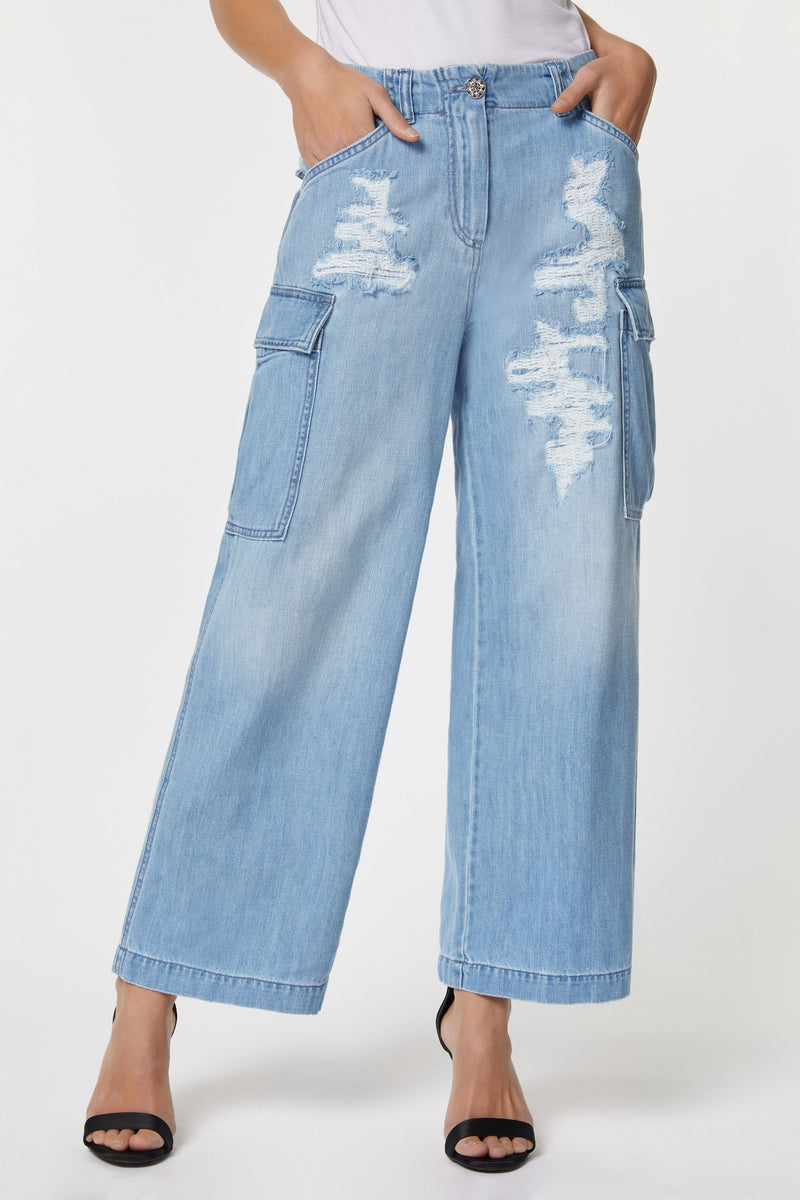 CARGO PANTS IN LIGHT WASH DENIM WITH RIPS AND BEJEWELLED DETAILS