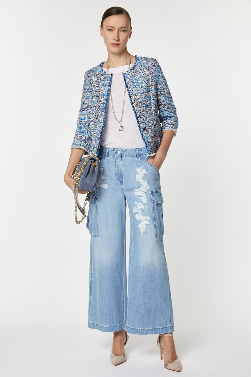 CARGO PANTS IN LIGHT WASH DENIM WITH RIPS AND BEJEWELLED DETAILS