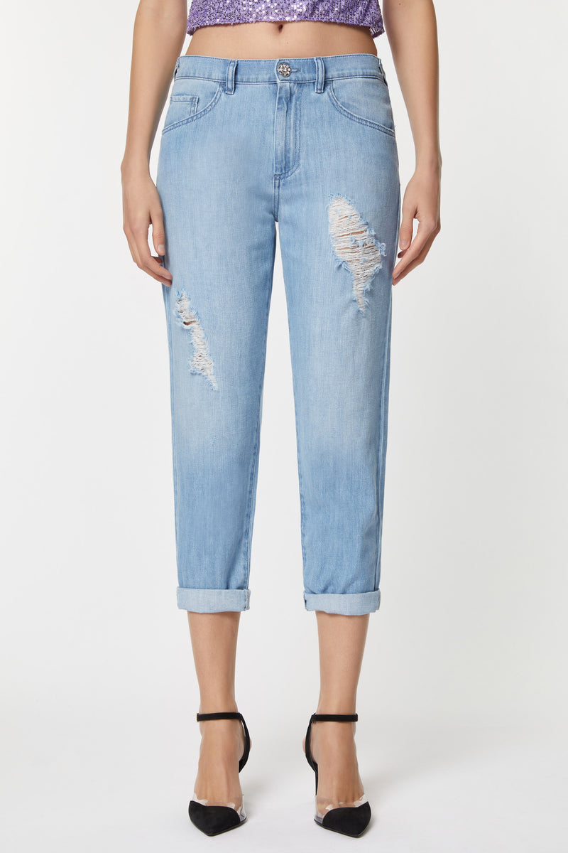 FIVE-POCKET BOYFRIEND JEANS IN LIGHT WASH DENIM WITH RIPS AND BEJEWELLED DETAILS