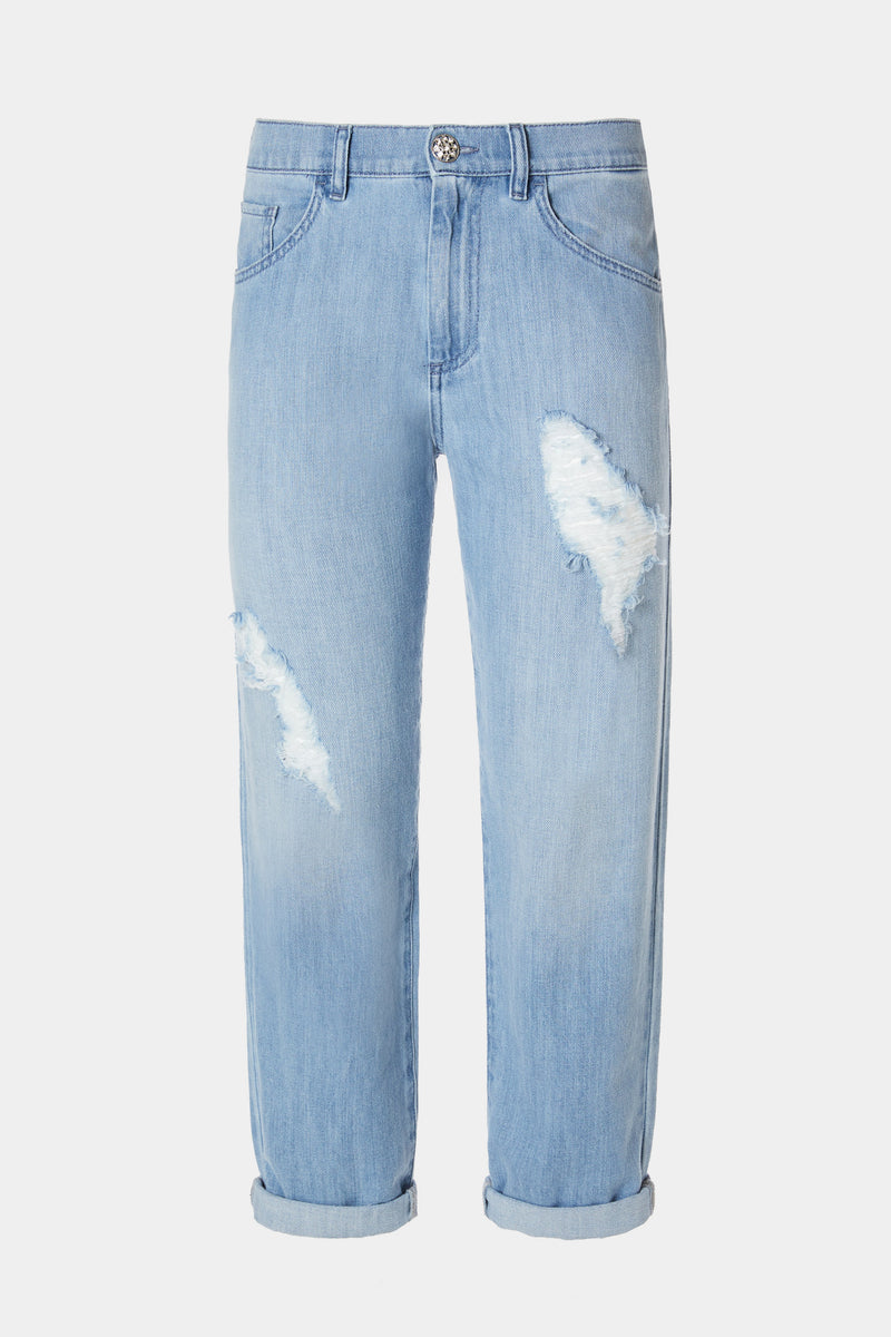 FIVE-POCKET BOYFRIEND JEANS IN LIGHT WASH DENIM WITH RIPS AND BEJEWELLED DETAILS