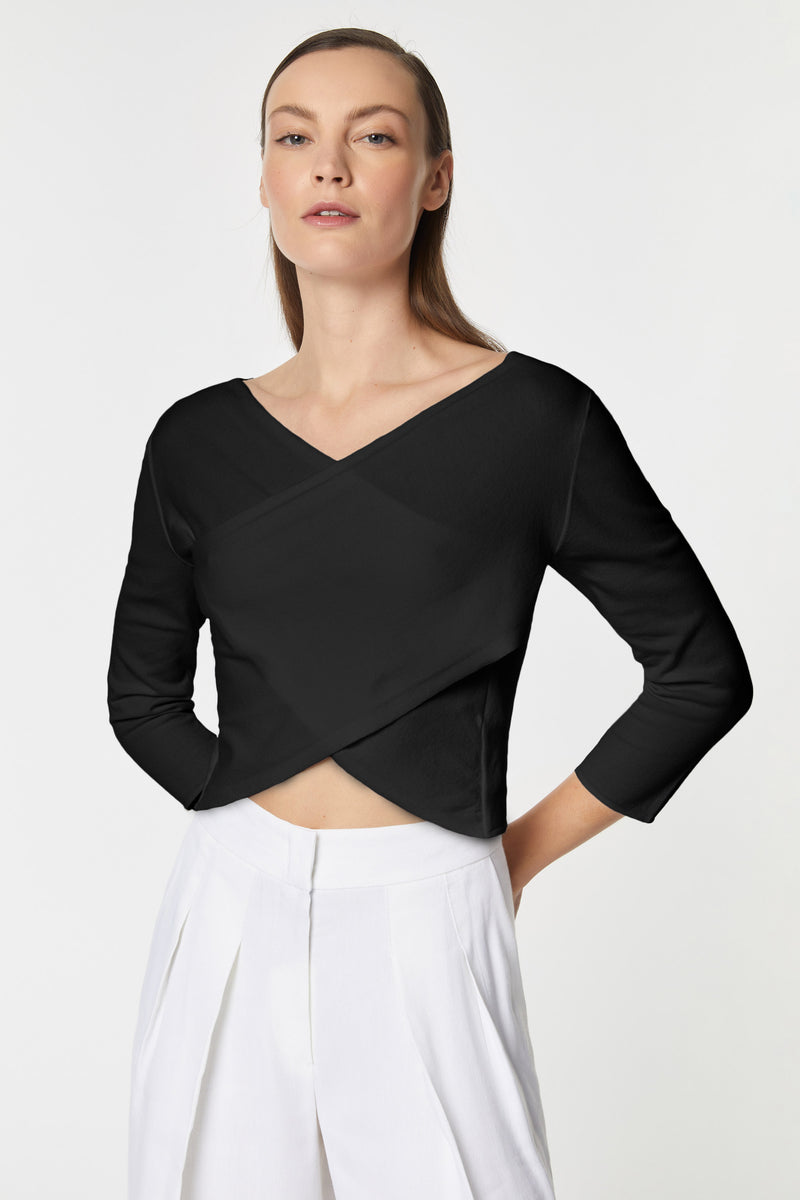 CROPPED TOP IN STRETCHY VISCOSE WITH CROSSOVER FRONT