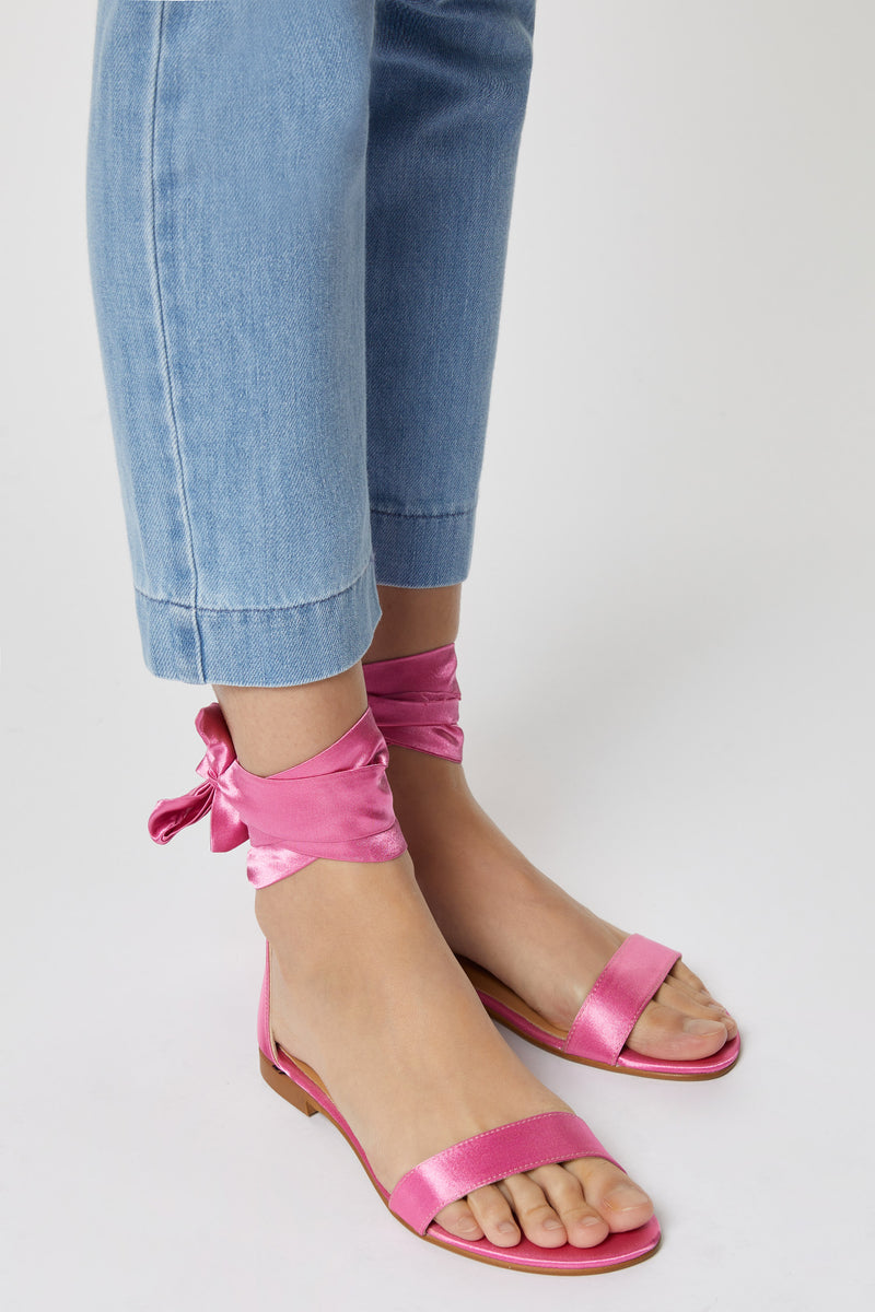 SATIN FLAT SANDALS WITH ANKLE STRAPS