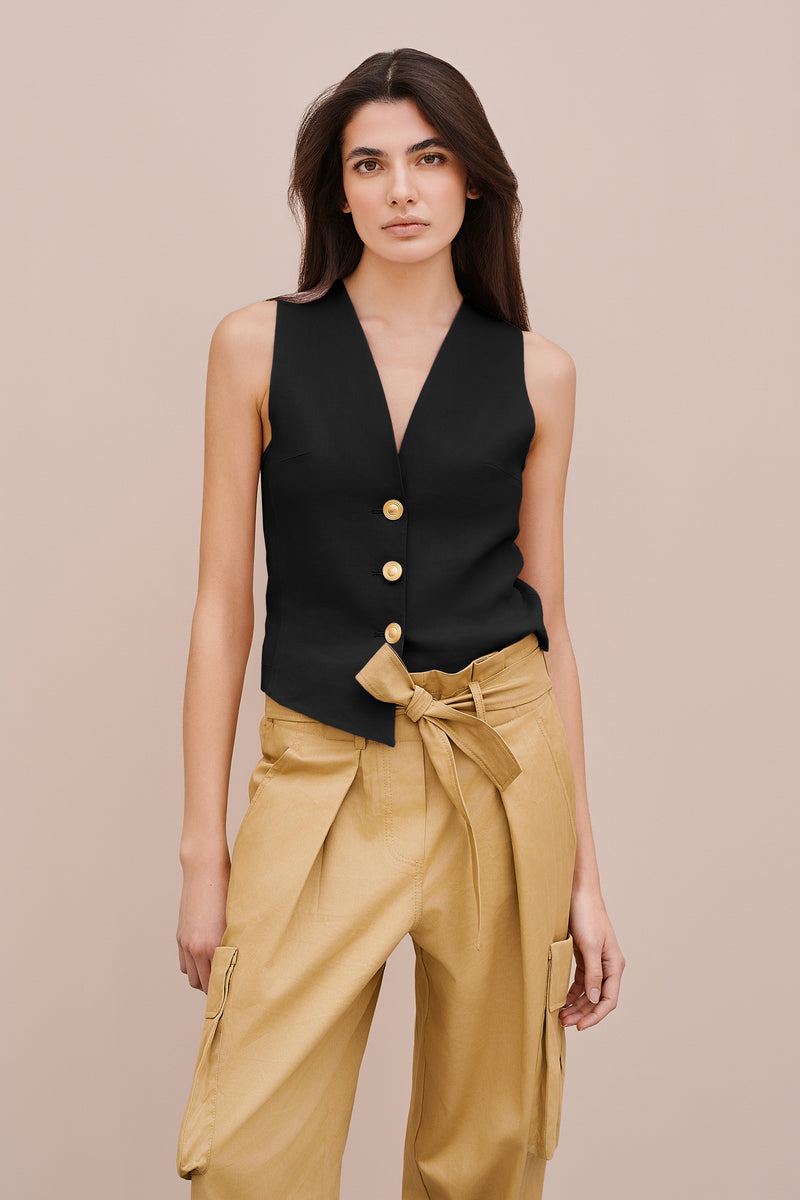 SINGLE-BREASTED LINEN VEST WITH SATIN GOLD BUTTONS