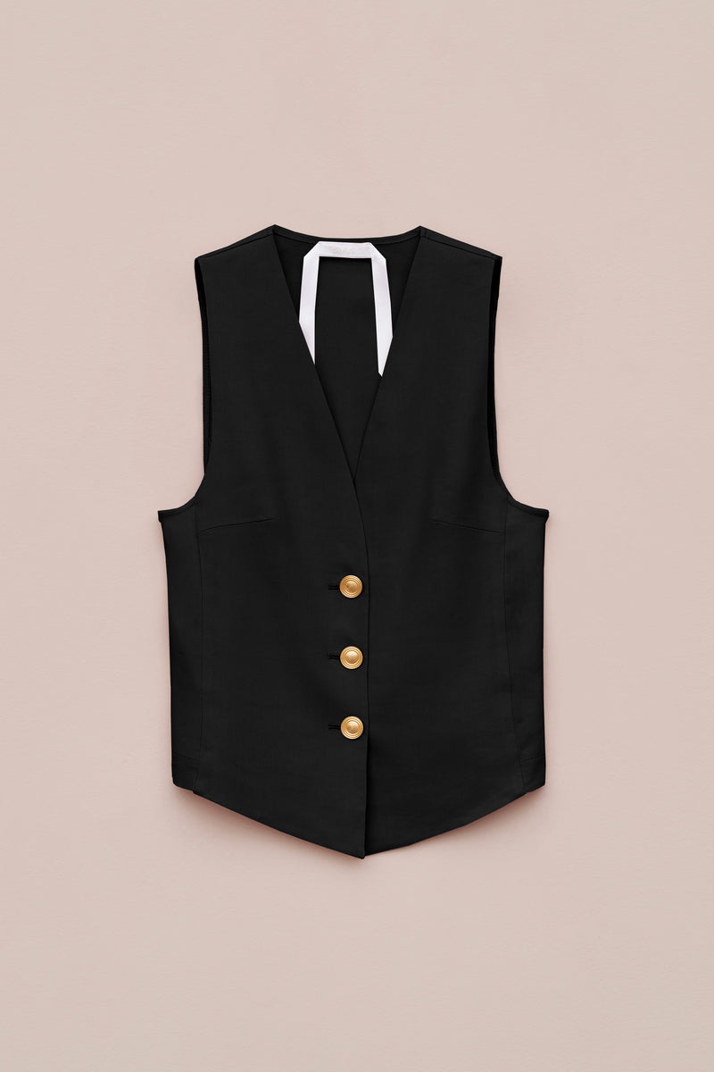 SINGLE-BREASTED LINEN VEST WITH SATIN GOLD BUTTONS