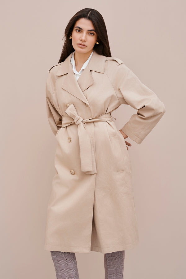 LINED DOUBLE-BREASTED TRENCH COAT IN COTTON GABERDINE WITH FAUX HORN BUTTONS