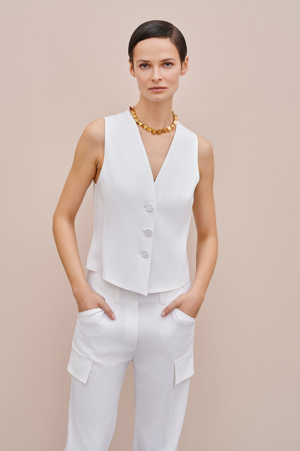 SINGLE-BREASTED VEST IN VISCOSE CREPE WITH FABRIC-COVERED BUTTONS 
