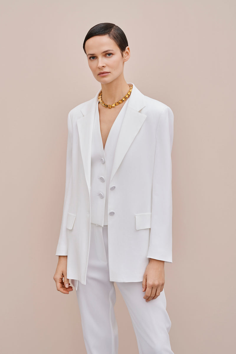 SINGLE-BREASTED BLAZER IN VISCOSE CREPE WITH FABRIC-COVERED BUTTONS
