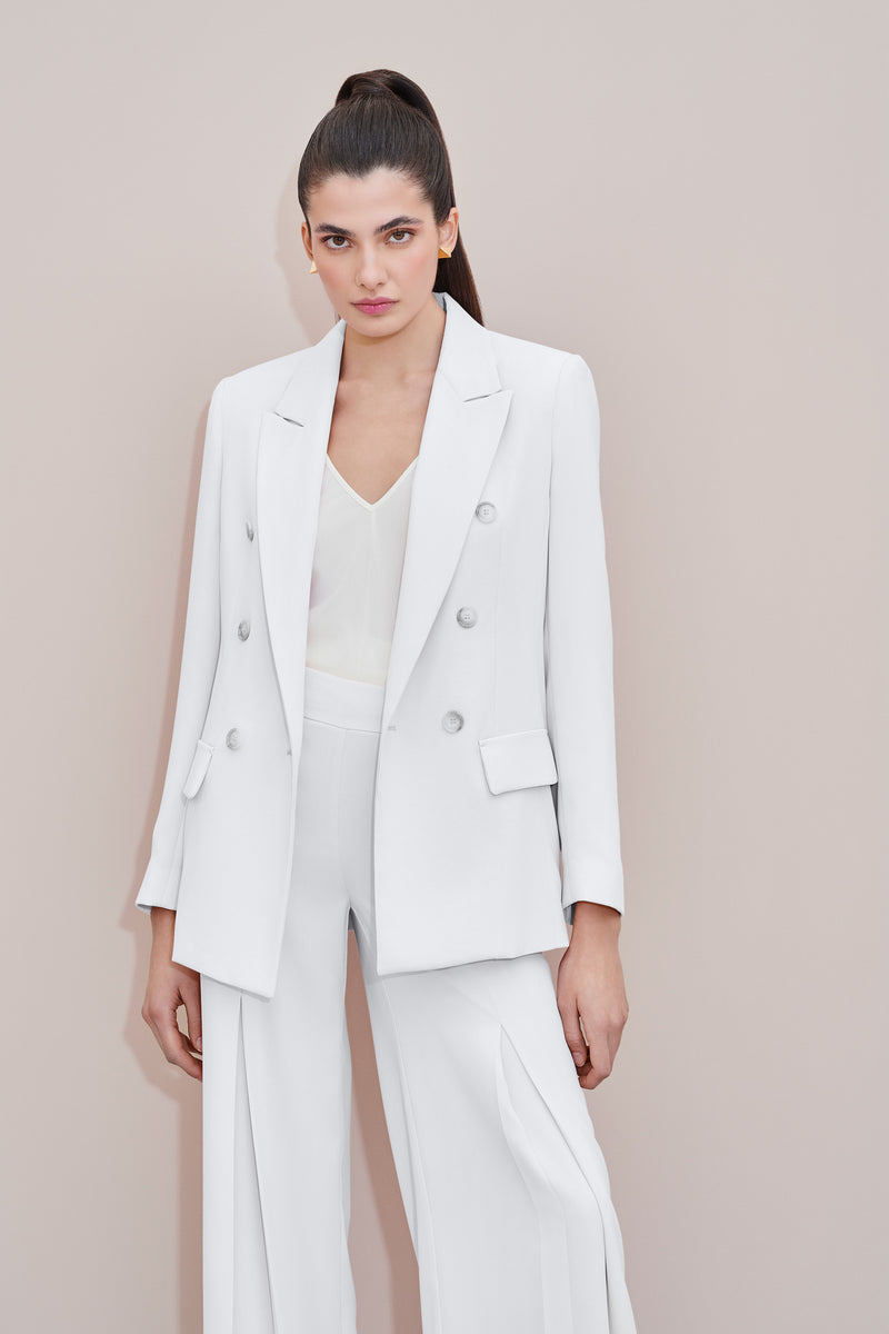 DOUBLE-BREASTED BLAZER IN CREPE SATIN WITH FAUX HORN BUTTONS