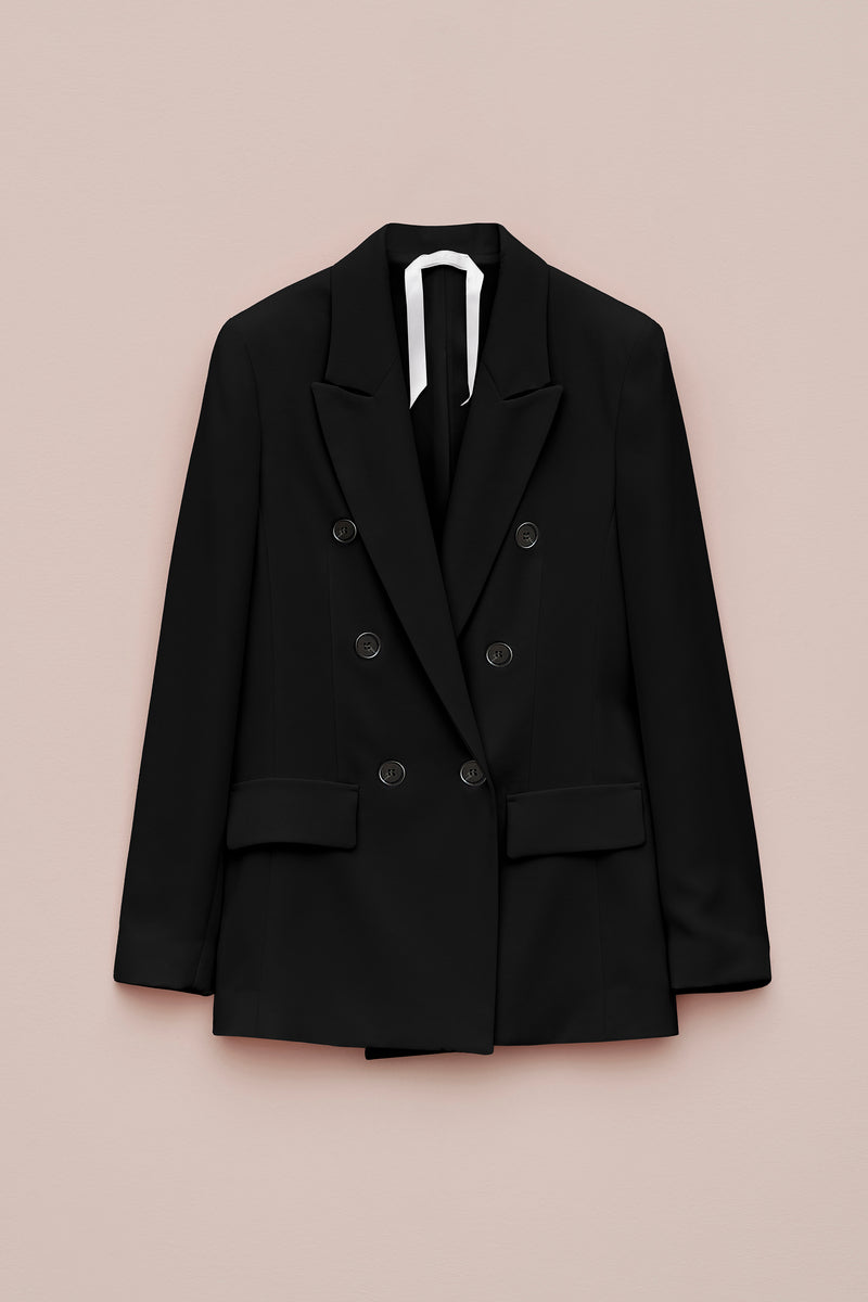 DOUBLE-BREASTED BLAZER IN CREPE SATIN WITH FAUX HORN BUTTONS