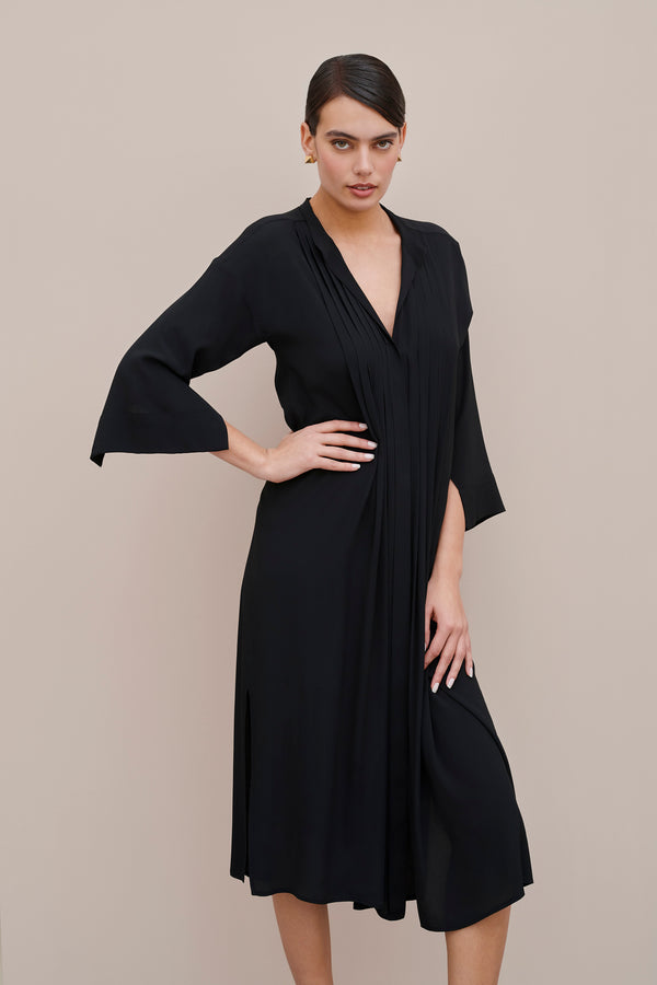 SHIRT DRESS IN CREPE DE CHINE WITH PLEATS AT THE FRONT