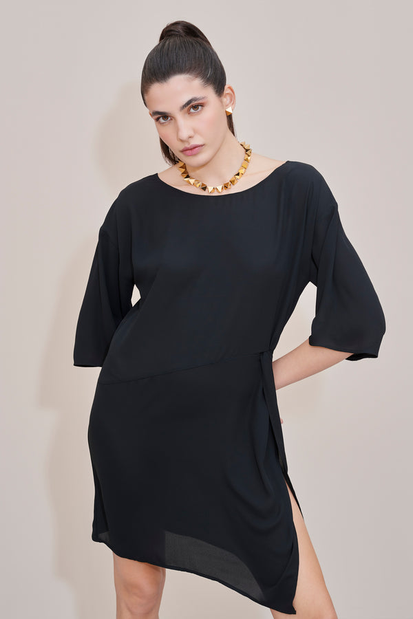 CREPE DRESS WITH CREW NECK AND DECORATIVE KNOT ON THE SIDE