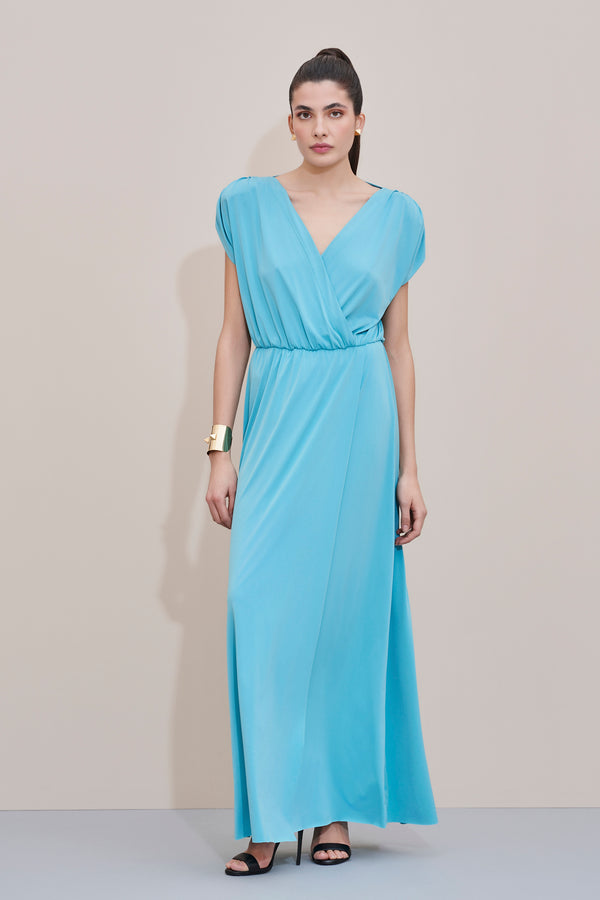 LONG FLARED DRESS IN JERSEY CREPE WITH SHOULDER PADS