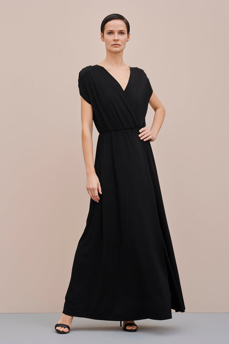 LONG FLARED DRESS IN JERSEY CREPE WITH SHOULDER PADS