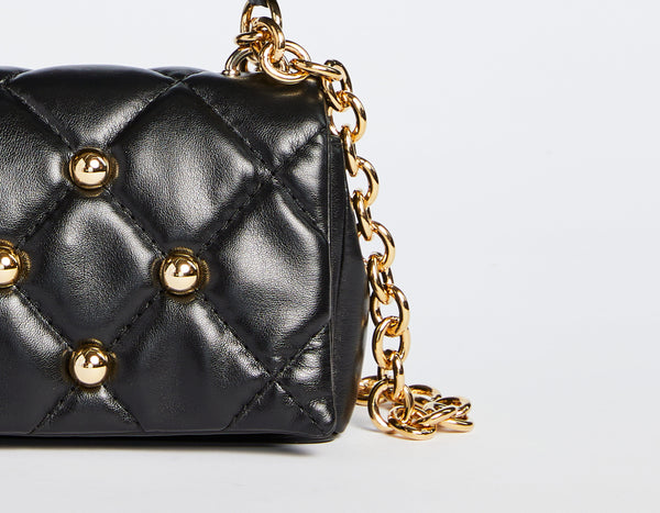 FAUX LEATHER MINI PUFFER BAG WITH DIAMOND STITCHING AND STUDS