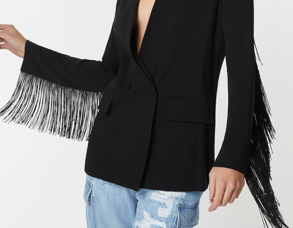 DOUBLE-BREASTED BLAZER IN STRETCHY VISCOSE CRÊPE, COLLARLESS AND FRINGED