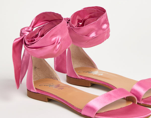 SATIN FLAT SANDALS WITH ANKLE STRAPS