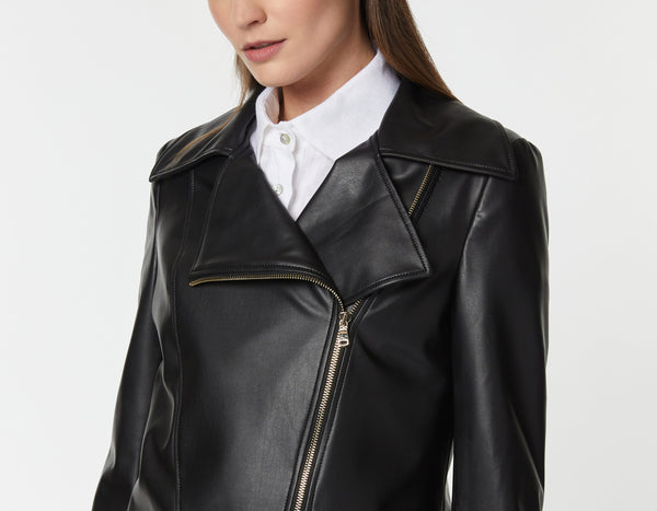 FAUX LEATHER BIKER JACKET WITH EXPOSED ZIPPERS